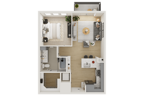 A top-down view of a small, neatly organized apartment.